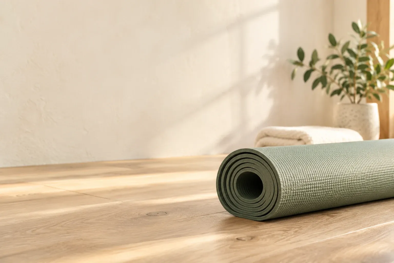 A rolled sage green Pilates mat