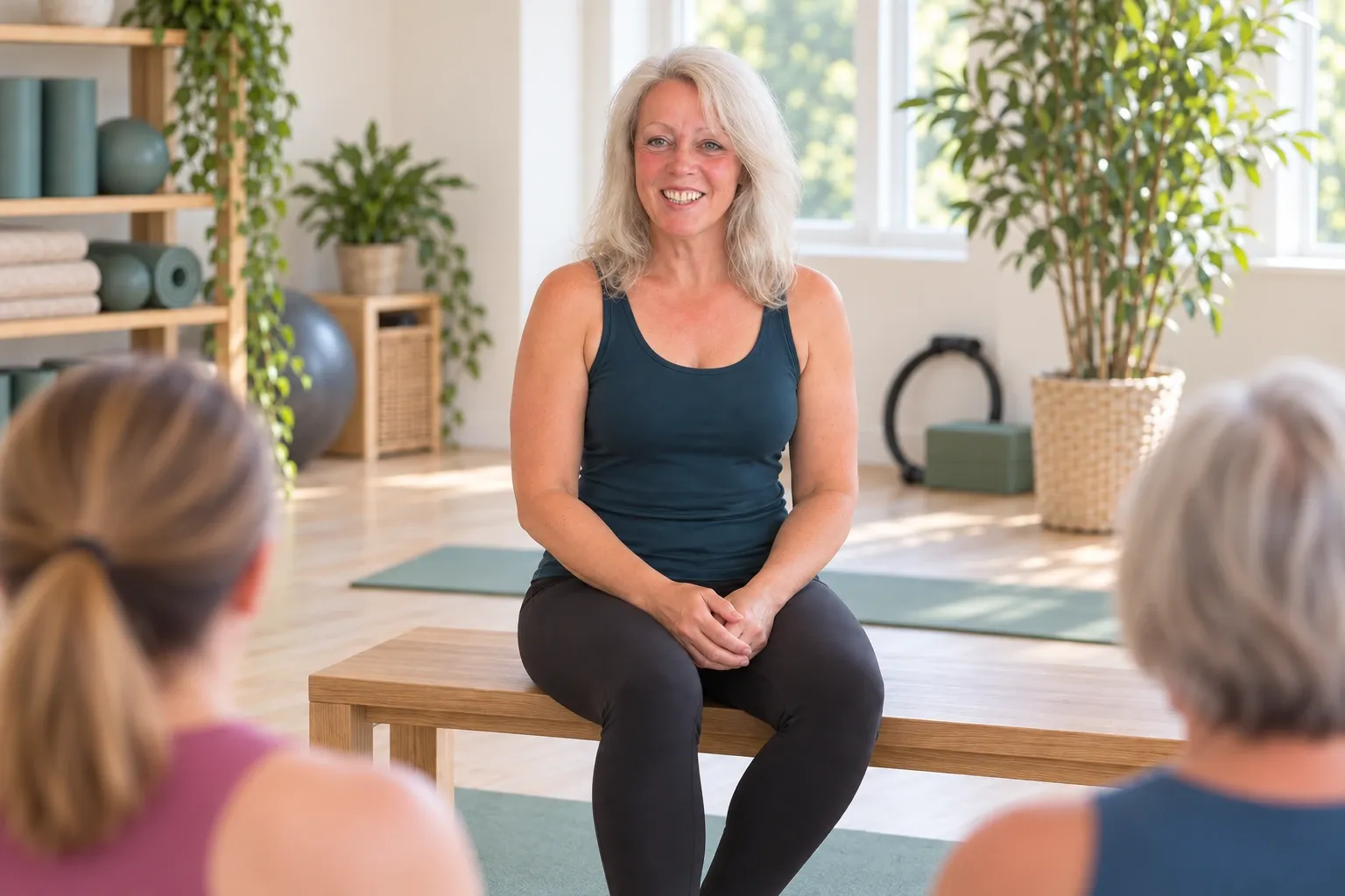 Yvette welcoming people to a Pilates class